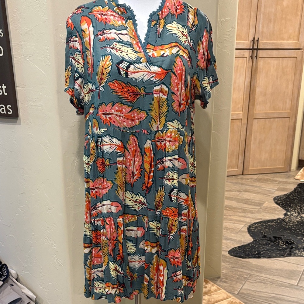 Double D Ranch Teal Midi Dress with Coral, Yellow and Cream Feather Print